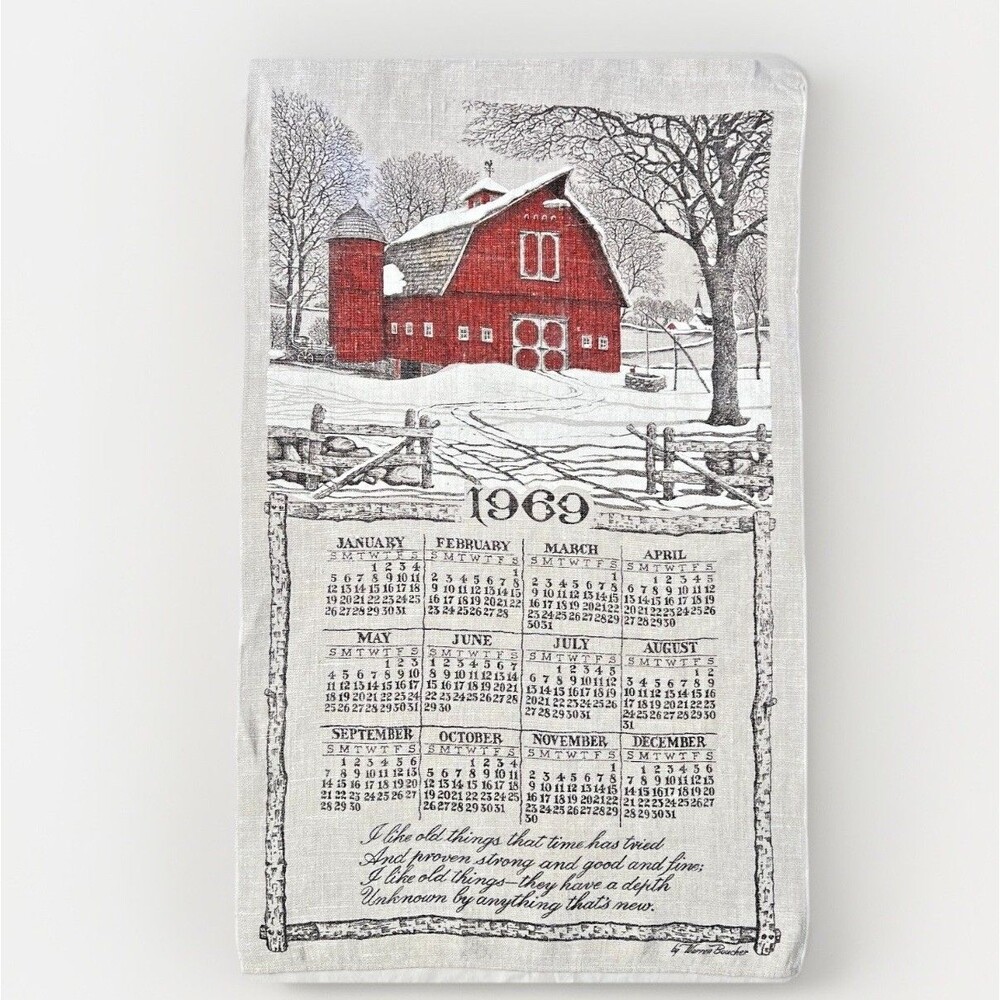 VTG 1969 Linen Calendar Tea Towel Red Barn Warren  Boucher